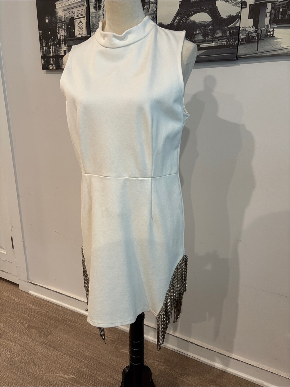 Fashion Nova White Sleeveless Mini Dress with Rhinestone Trim